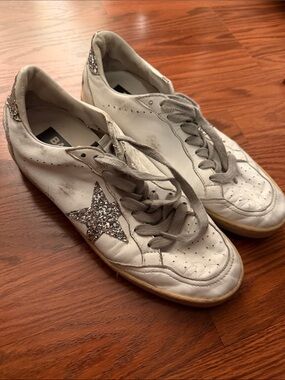 Golden Goose Women's White Leather Sneakers with Silver Glitter Star